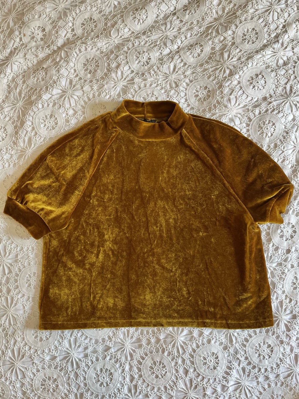 Hand made gold brown velvet turtleneck puff sleeve top